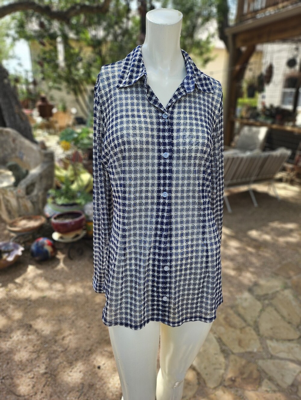 CAbi Colorful Sheer Art-to-Wear Button Up Shirt Blouse Womens M Stretch Sheer